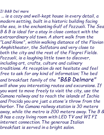  Il B&B Del mare ... is a cozy and well-kept house in every detail, a modern setting, built in a historic building facing the sea, in the enchanting Gulf of Pozzuoli. The Sea B & B is ideal for a stay in close contact with the extraordinary old town. A short walk from the "Land Rione", within walking distance of the Flavian Amphitheater, the Solfatara and very close to both the city and the rest of the Flegrei Fields. Pozzuoli, is a laughing little town to discover, including art, crafts, culture and culinary traditions. At reception do not hesitate and feel free to ask for any kind of information; The bed and breakfast family of the "B&B Delmare" will show you interesting routes and excursions. If you want to move freely to visit the city, use the Cumana railway and to reach the islands of Ischia and Procida you are just a stone's throw from the harbor. The Cumana railway station is 30 meters away, while the metro is 200 meters away. The B & B has a cozy living room with LED TV and WI FI internet connection. The generous Italian breakfast is served in a bright salon. 